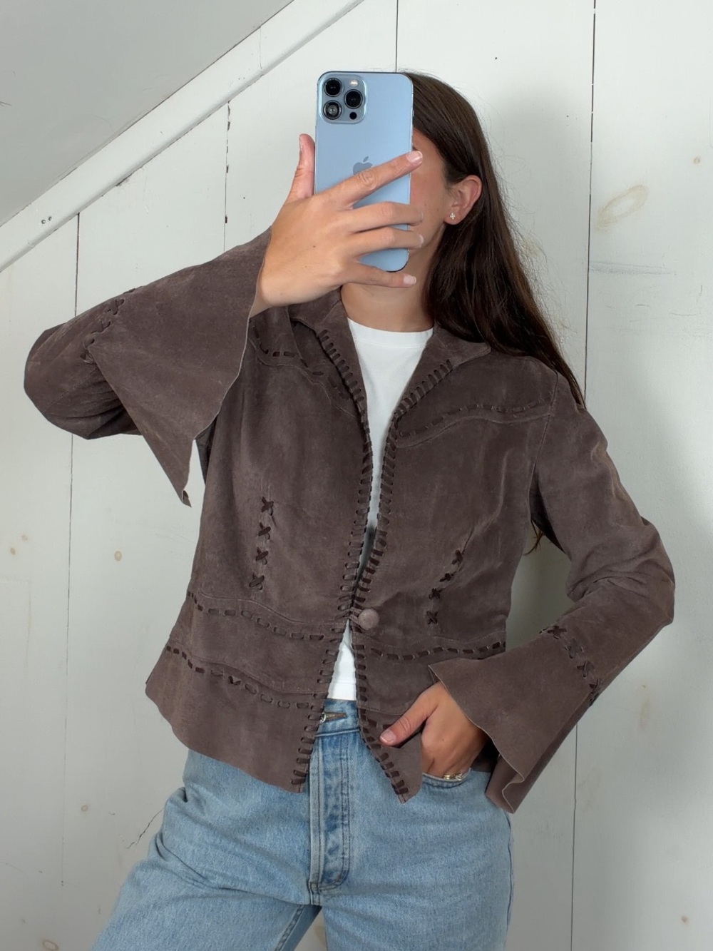 Vintage Brown Suede Leather Jacket Womens 6 Western Woven Trim Flared Sleeve Y2K